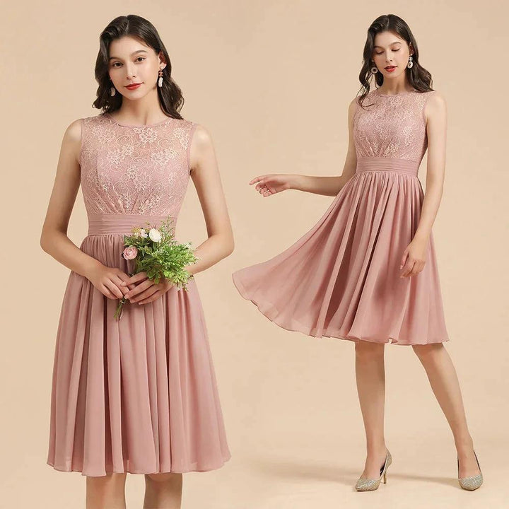 Sleeveless Crew neck Lace Chiffon Party Dress Mini Bridesmaid Dress by misshow.com