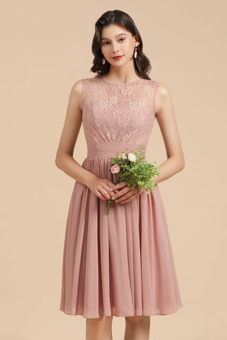 Vestido de fiesta de gasa con cuello redondo y encaje sin mangas, minivestido de dama de honor