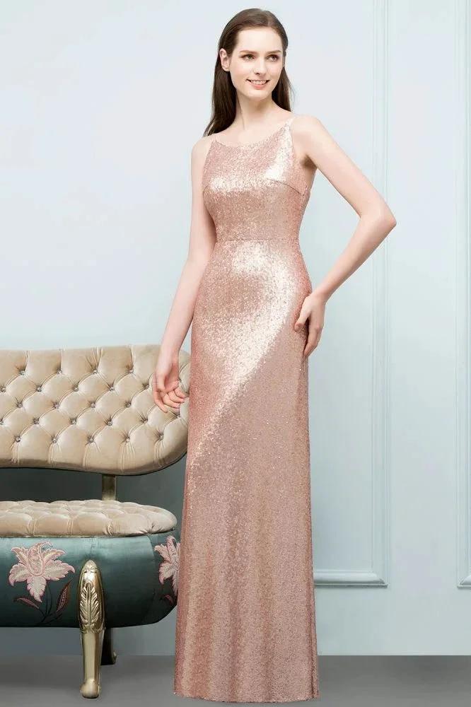Sleeveless Floor Length A-line Scoop Sequined Prom Dresses by misshow.com