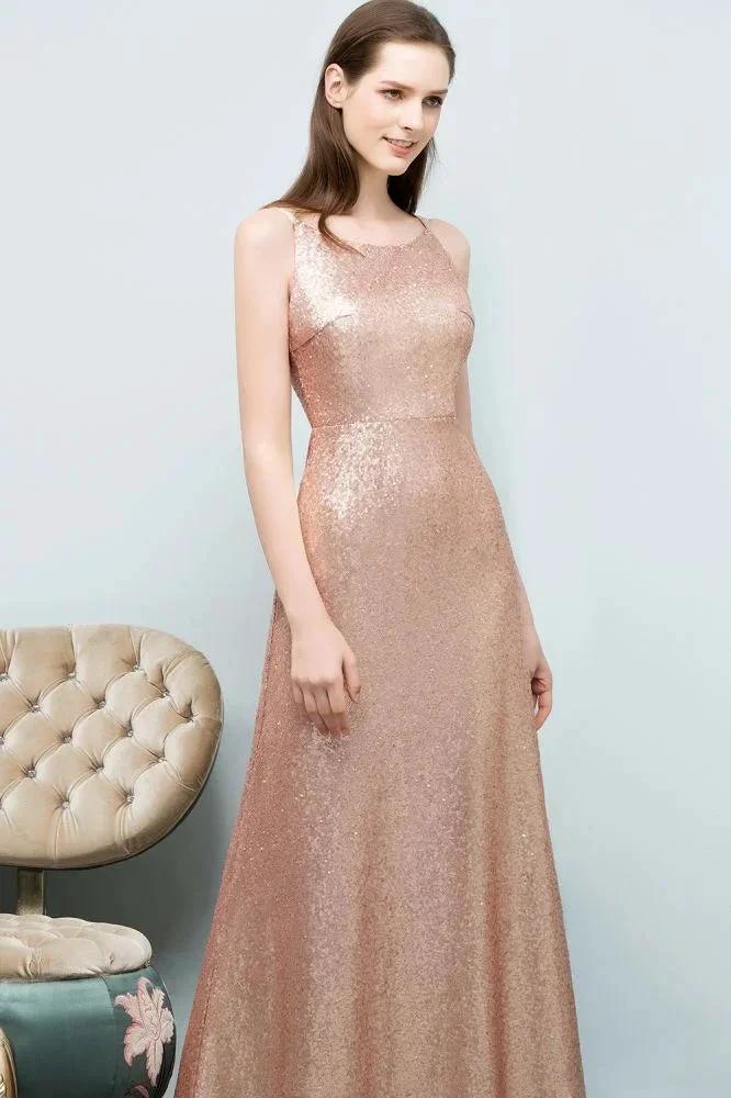 Sleeveless Floor Length A-line Scoop Sequined Prom Dresses by misshow.com