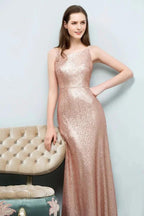Sleeveless Floor Length A-line Scoop Sequined Prom Dresses by misshow.com