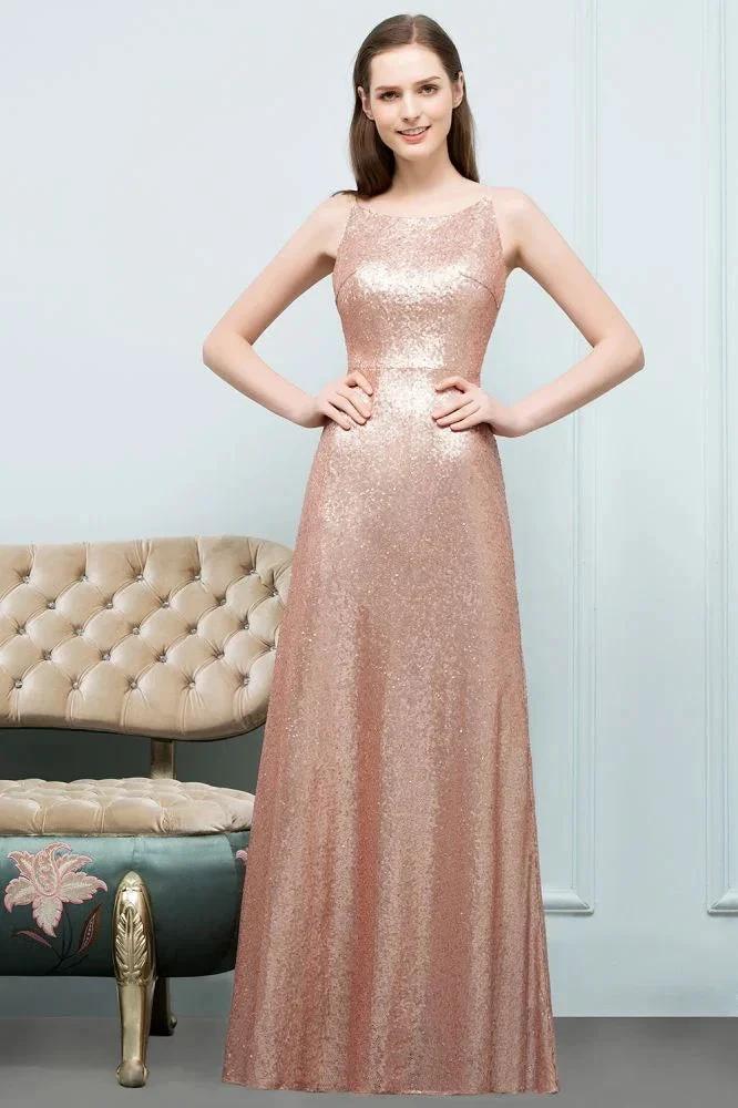 Sleeveless Floor Length A-line Scoop Sequined Prom Dresses by misshow.com