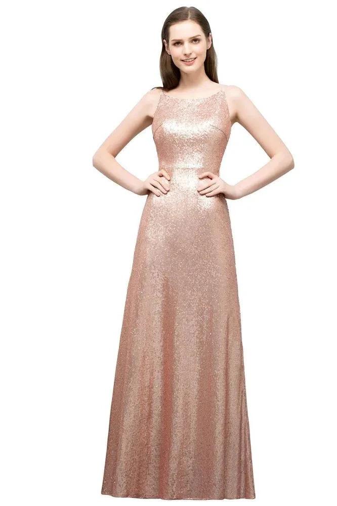 Sleeveless Floor Length A-line Scoop Sequined Prom Dresses by misshow.com