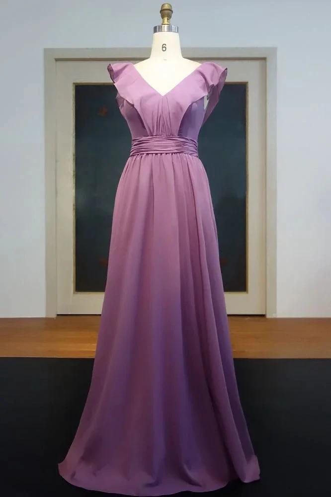 Sleeveless Floor Length A-line V-neck Ruffled Chiffon Prom Dresses by misshow.com