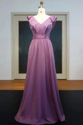 Sleeveless Floor Length A-line V-neck Ruffled Chiffon Prom Dresses by misshow.com