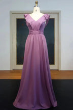 Sleeveless Floor Length A-line V-neck Ruffled Chiffon Prom Dresses by misshow.com