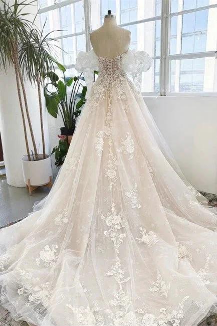 Sleeveless Floor Length Garden Strapless Tulle Lace Wedding Dress with Appliques by misshow.com