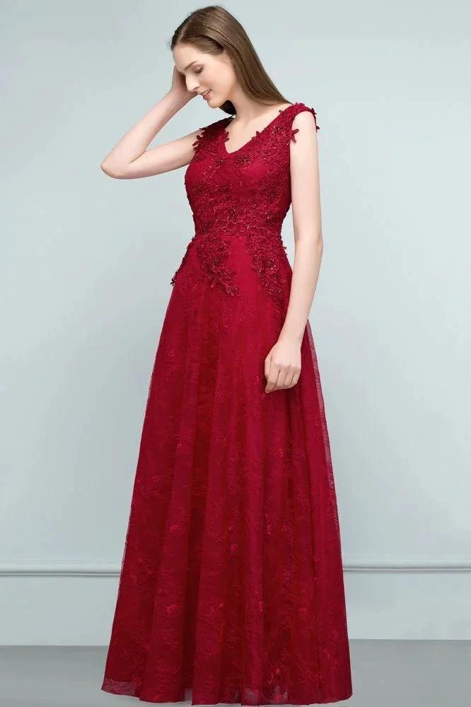 Sleeveless Lace Appliques A-line V-neck Long Prom Dresses with Crystals by misshow.com