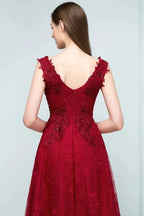 Sleeveless Lace Appliques A-line V-neck Long Prom Dresses with Crystals by misshow.com