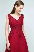 Sleeveless Lace Appliques A-line V-neck Long Prom Dresses with Crystals by misshow.com