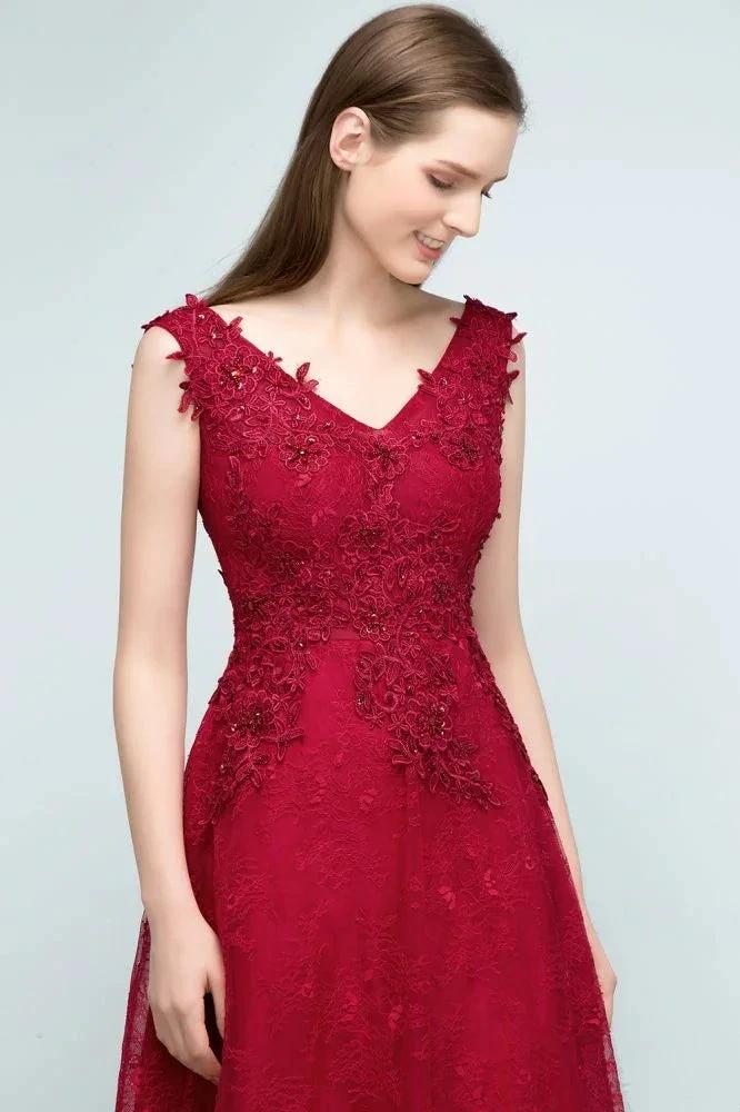 Sleeveless Lace Appliques A-line V-neck Long Prom Dresses with Crystals by misshow.com