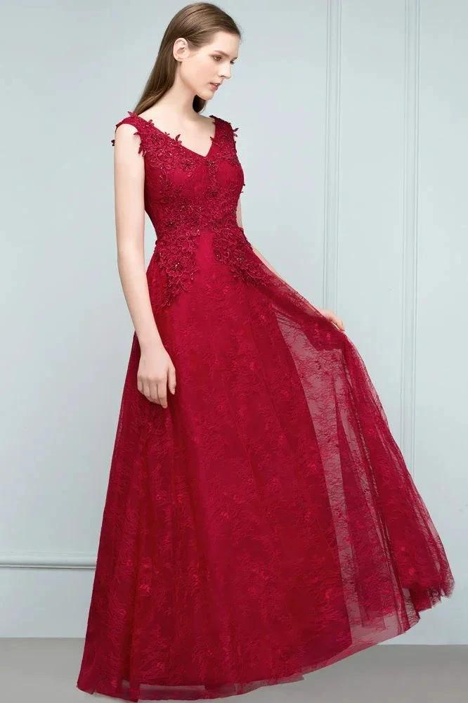 Sleeveless Lace Appliques A-line V-neck Long Prom Dresses with Crystals by misshow.com