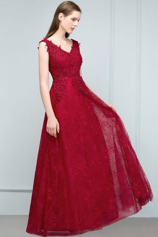 Ärmelloses A-Linien-Ballkleid mit Spitzenapplikationen und V-Ausschnitt und Kristallen