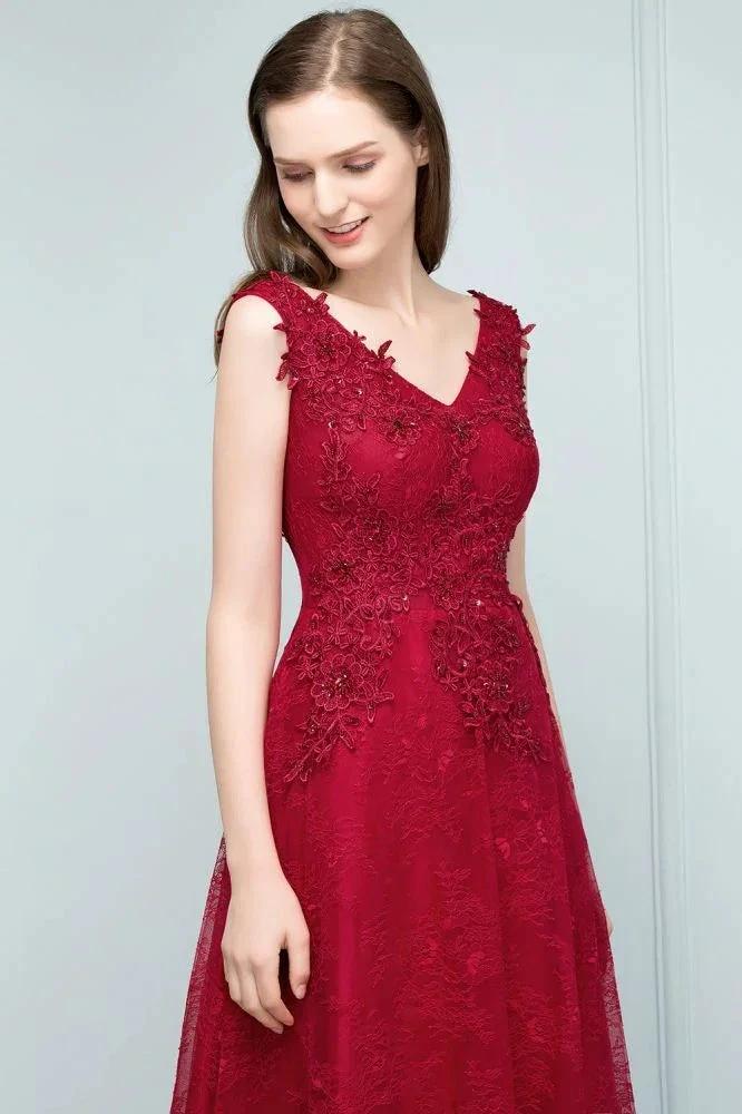 Sleeveless Lace Appliques A-line V-neck Long Prom Dresses with Crystals by misshow.com