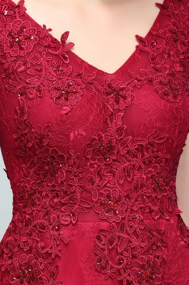 Sleeveless Lace Appliques A-line V-neck Long Prom Dresses with Crystals by misshow.com