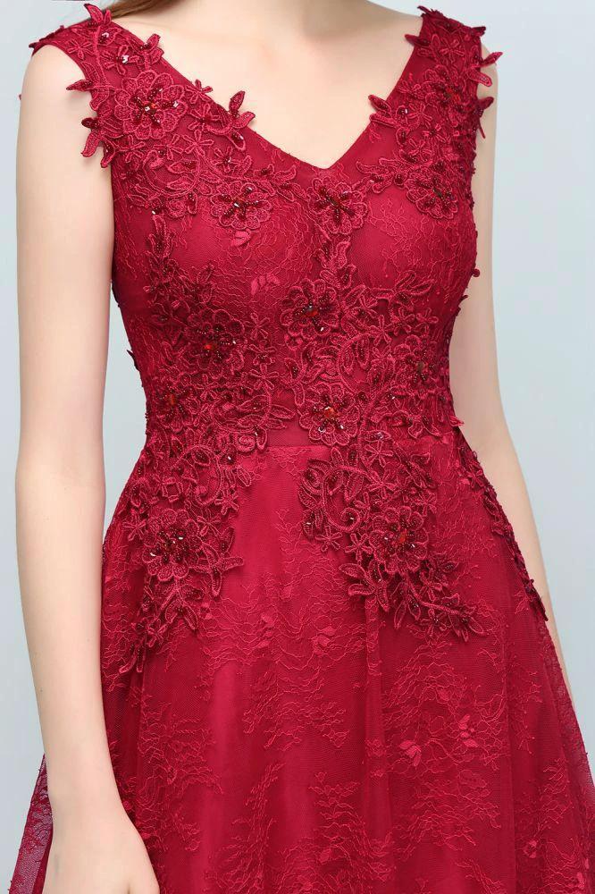 Sleeveless Lace Appliques A-line V-neck Long Prom Dresses with Crystals by misshow.com
