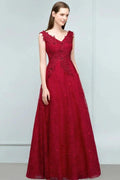 Sleeveless Lace Appliques A-line V-neck Long Prom Dresses with Crystals by misshow.com