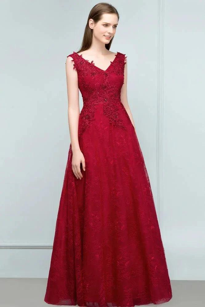 Sleeveless Lace Appliques A-line V-neck Long Prom Dresses with Crystals by misshow.com