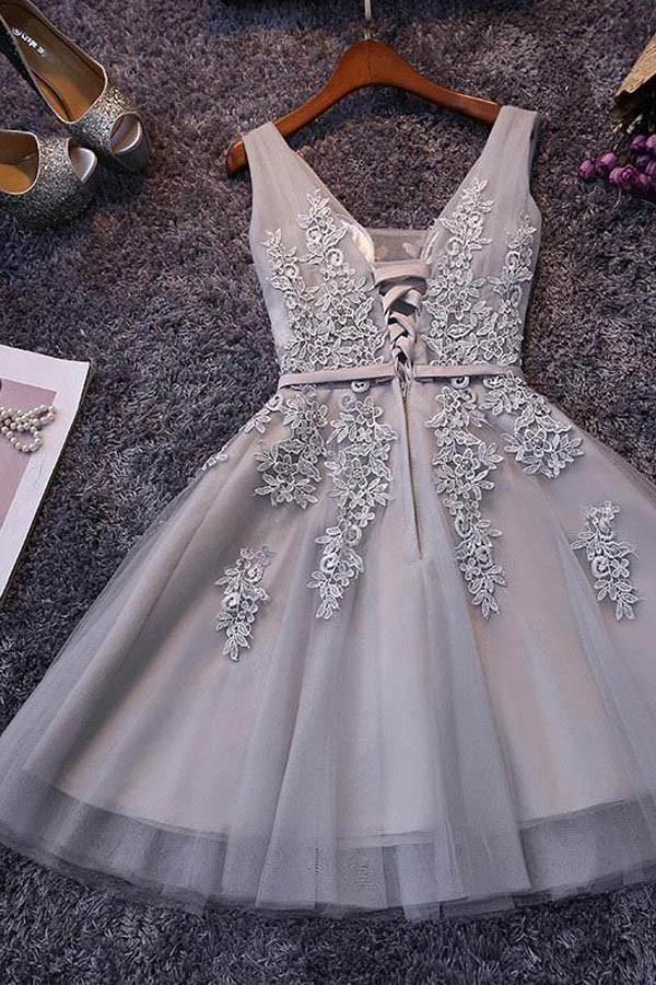 Sleeveless Lace-up Tulle Short homecoming Dress Lace Appliques PG098 by pgmdress
