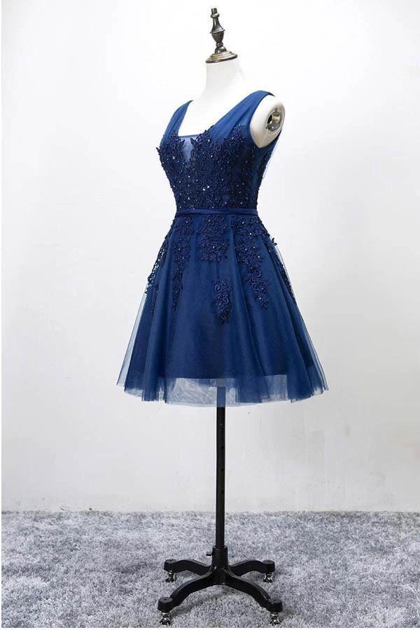 Sleeveless Lace-up Tulle Short homecoming Dress Lace Appliques PG098 by pgmdress