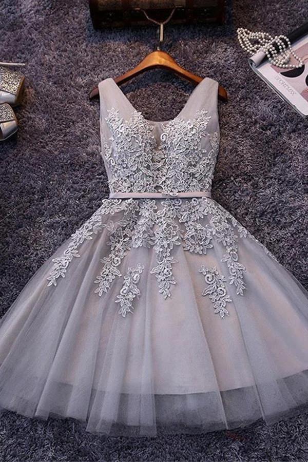 Sleeveless Lace-up Tulle Short homecoming Dress Lace Appliques PG098 by pgmdress