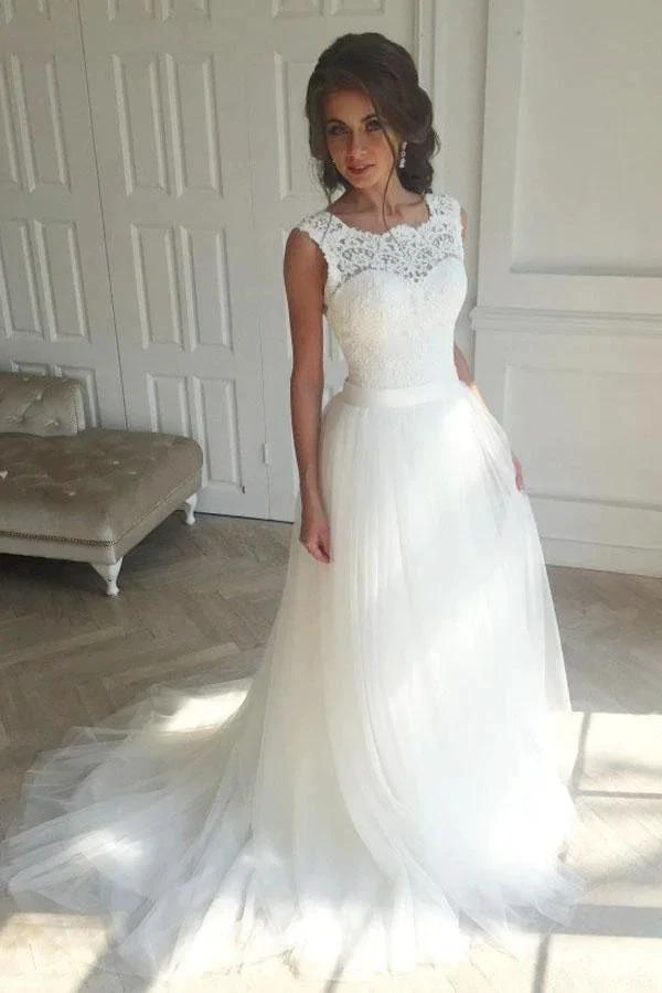 Sleeveless Lace White A-Line Sweep Train Wedding Dress WD096 by pgmdress