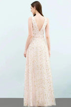 Sleeveless Long A-line V-neck Appliqued Tulle Prom Dresses by misshow.com
