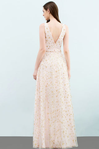 Ärmelloses langes A-Linien-Ballkleid mit V-Ausschnitt und Applikationen aus Tüll