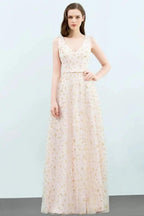 Sleeveless Long A-line V-neck Appliqued Tulle Prom Dresses by misshow.com