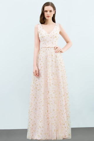 Ärmelloses langes A-Linien-Ballkleid mit V-Ausschnitt und Applikationen aus Tüll