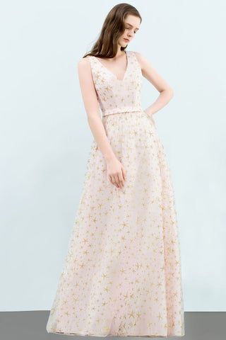 Ärmelloses langes A-Linien-Ballkleid mit V-Ausschnitt und Applikationen aus Tüll