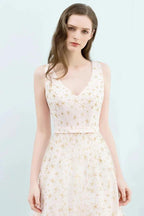 Sleeveless Long A-line V-neck Appliqued Tulle Prom Dresses by misshow.com