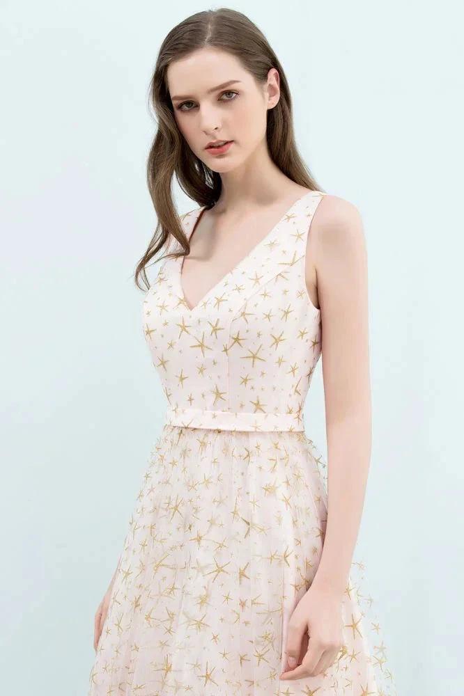 Sleeveless Long A-line V-neck Appliqued Tulle Prom Dresses by misshow.com