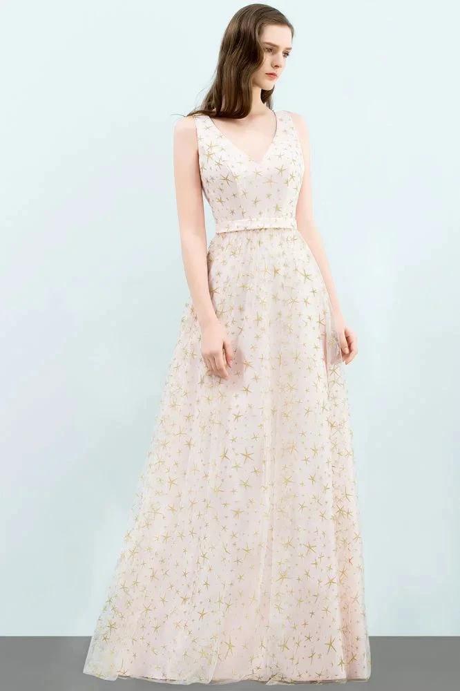 Sleeveless Long A-line V-neck Appliqued Tulle Prom Dresses by misshow.com