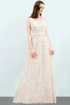 Sleeveless Long A-line V-neck Appliqued Tulle Prom Dresses by misshow.com