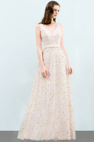 Ärmelloses langes A-Linien-Ballkleid mit V-Ausschnitt und Applikationen aus Tüll