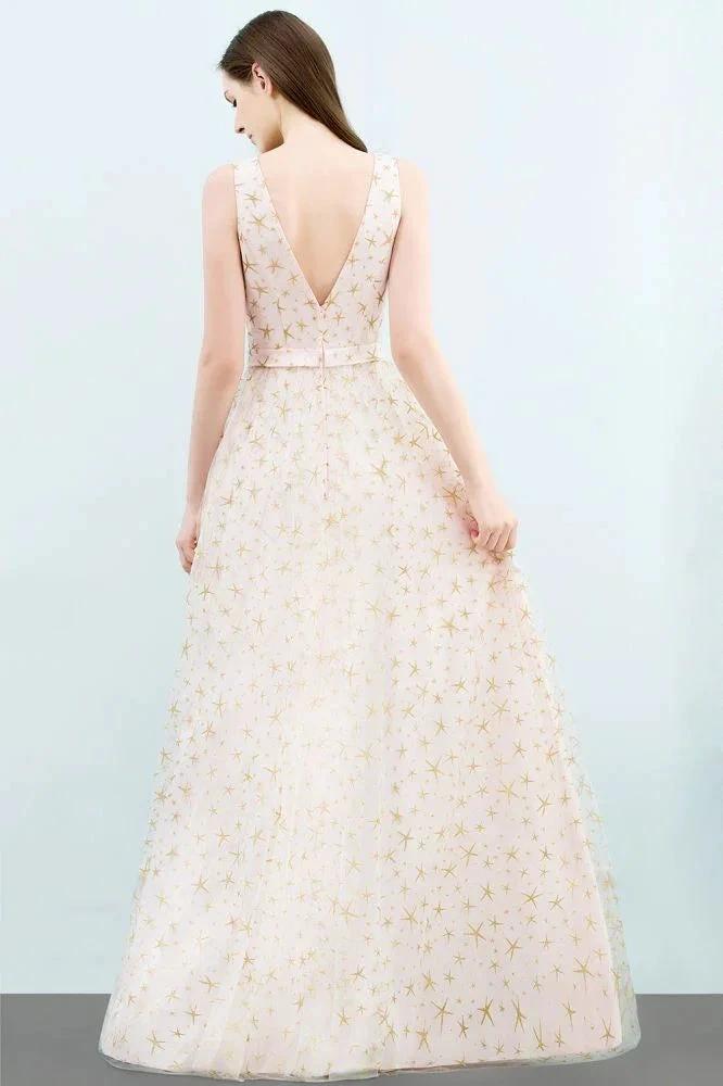 Sleeveless Long A-line V-neck Appliqued Tulle Prom Dresses by misshow.com