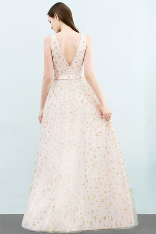 Ärmelloses langes A-Linien-Ballkleid mit V-Ausschnitt und Applikationen aus Tüll