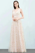 Sleeveless Long A-line V-neck Appliqued Tulle Prom Dresses by misshow.com