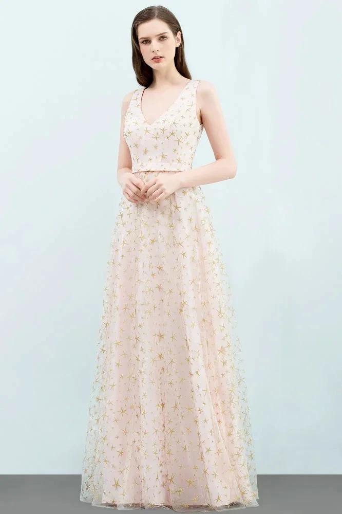 Sleeveless Long A-line V-neck Appliqued Tulle Prom Dresses by misshow.com