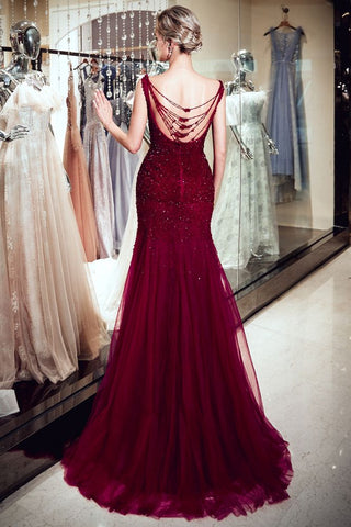 Sleeveless Long Sequined Tulle Burgundy Evening Gown
