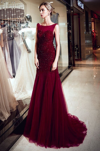 Sleeveless Long Sequined Tulle Burgundy Evening Gown
