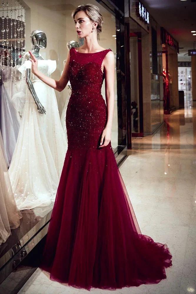 Sleeveless Long Sequined Tulle Burgundy Evening Gown by misshow.com