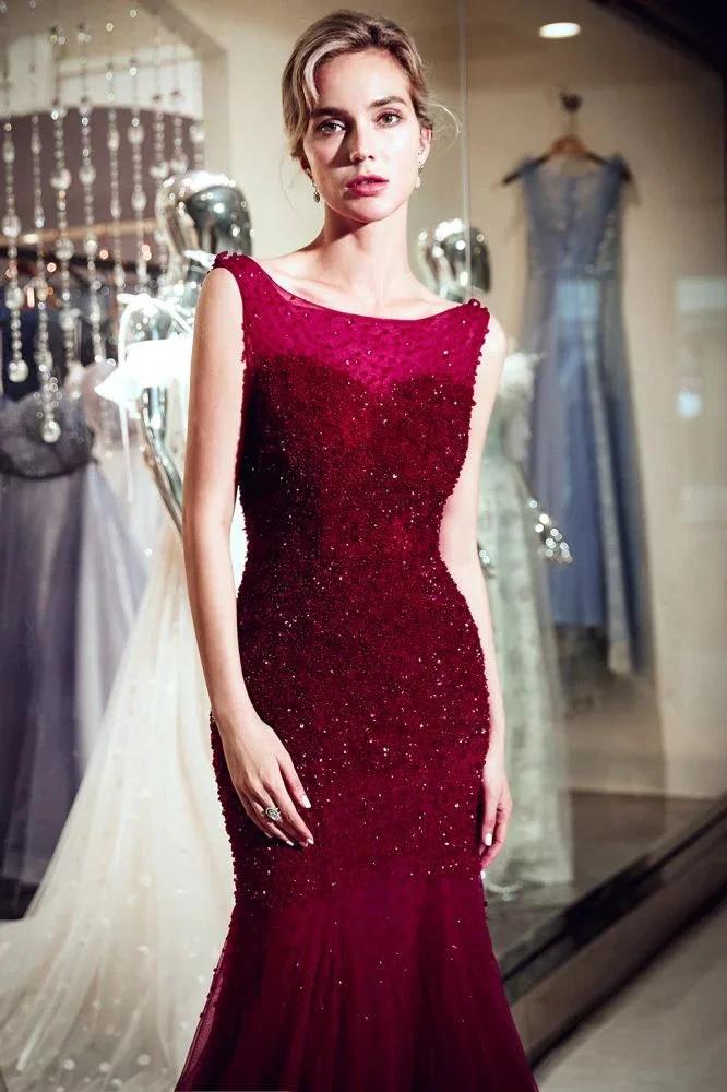 Sleeveless Long Sequined Tulle Burgundy Evening Gown by misshow.com