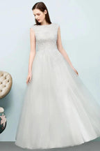 Sleeveless Long Split A-line Appliqued Tulle Prom Dresses by misshow.com
