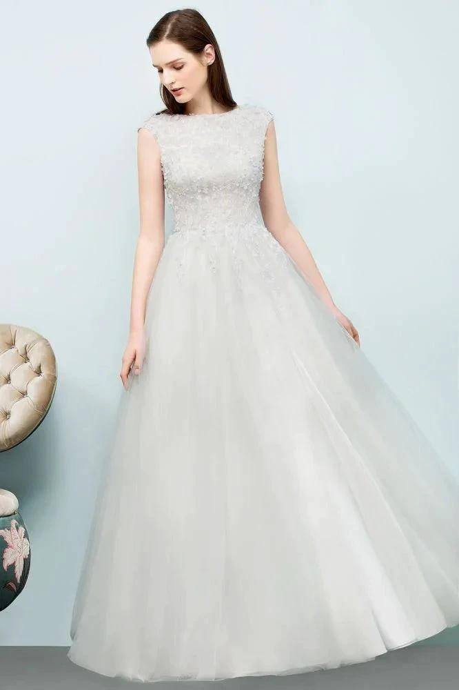 Sleeveless Long Split A-line Appliqued Tulle Prom Dresses by misshow.com
