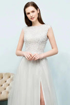 Sleeveless Long Split A-line Appliqued Tulle Prom Dresses by misshow.com