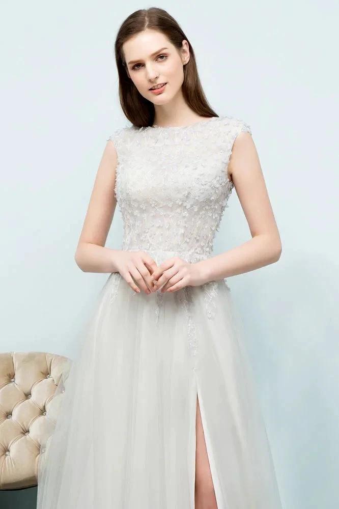 Sleeveless Long Split A-line Appliqued Tulle Prom Dresses by misshow.com