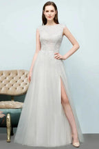 Sleeveless Long Split A-line Appliqued Tulle Prom Dresses by misshow.com