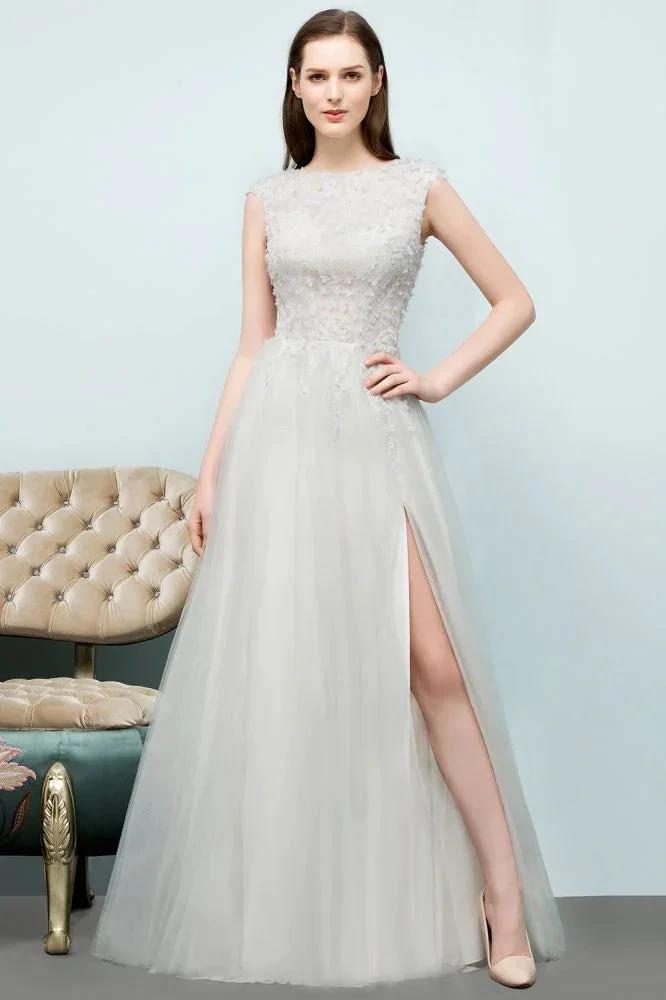 Sleeveless Long Split A-line Appliqued Tulle Prom Dresses by misshow.com
